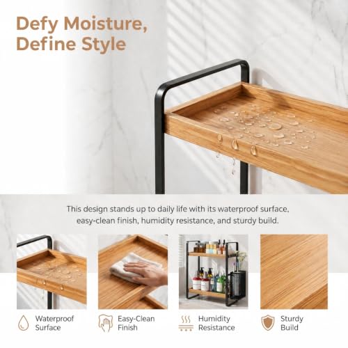 LEMIKKLE 2-Tier Wood Bathroom Counter Organizer with Basket,Waterproof Vanity Perfume Skincare Storage for Bathroom, Kitchen, Dresser - color: Light Brown