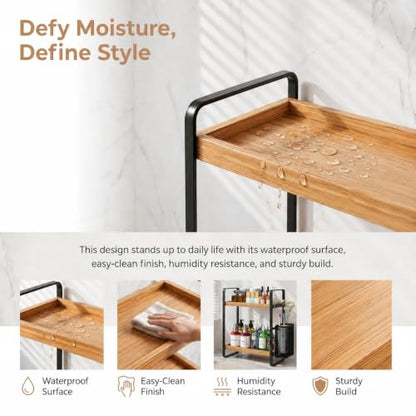 LEMIKKLE 2-Tier Wood Bathroom Counter Organizer with Basket,Waterproof Vanity Perfume Skincare Storage for Bathroom, Kitchen, Dresser - color: Light Brown