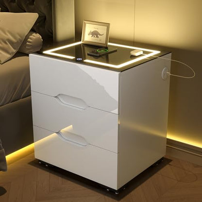 kepptory White Smart Nightstand with Wireless Charging Station & Adjustable LED Lights, High Gloss End Table with 3 Drawers & USB Charging, Bedside Table Organizer for Bedroom Use - color: White