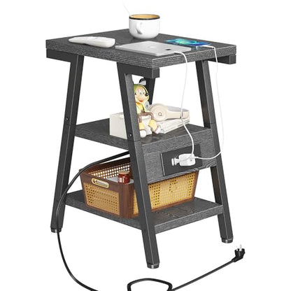 Side Table with Charging Station,3-Tier Small End Table,Lucky 7 Metal Shape | 2 AC Outlets + 2 USB Ports, Adjustable Feet, Nightstand for Bedroom, Living Room, Couch, Narrow Spaces, Grey - color: Grey