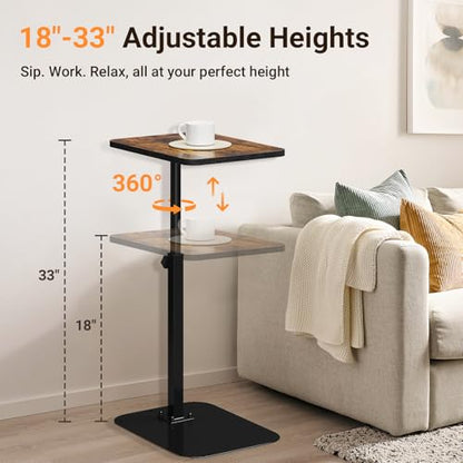 ELYKEN TV Tray Table, C-Shape Couch Desk, 360° Swivel Side Table Height Adjustable, Laptop Stand for Couch Recliner, Small Bedside Tables, Rustic Brown - color: Rustic Brown