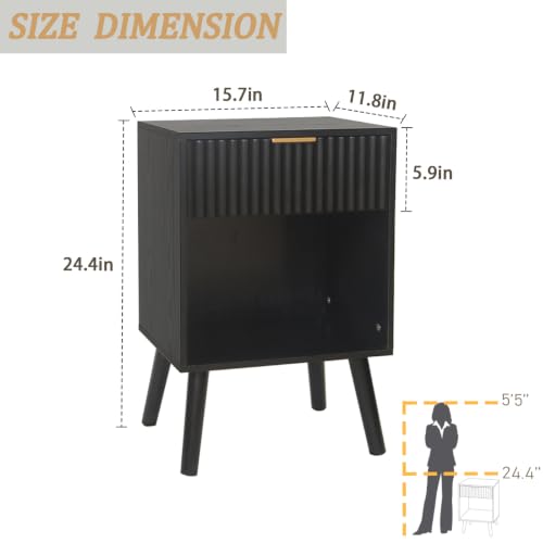 Fultyle Black Fluted Nightstand, Modern Bedside Table with Drawer and Open Storage, End Side Table Living Room with Solid Wood Legs for Bedroom (Black) - color: Black