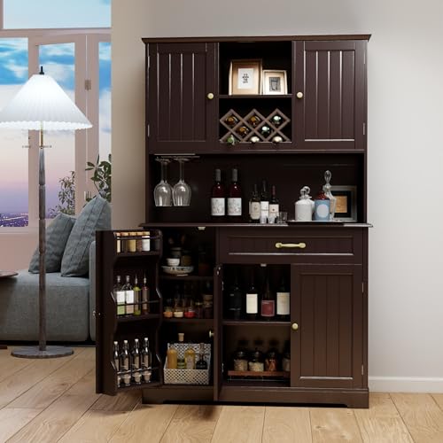 Gizoon Kitchen Hutch Cabinet Kitchen Hutch Storage Cabinet Tall Pantry Coffee Bar with Storage for Dining Room and Craft Room, Painted Dark Brown - color: Dark Brown