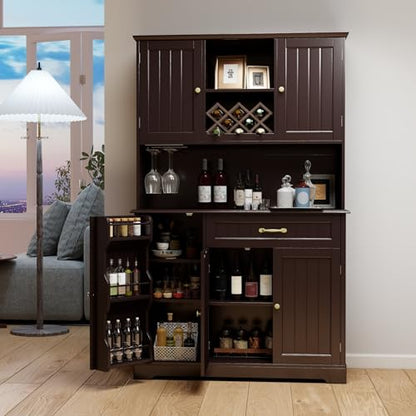 Gizoon Kitchen Hutch Cabinet Kitchen Hutch Storage Cabinet Tall Pantry Coffee Bar with Storage for Dining Room and Craft Room, Painted Dark Brown - color: Dark Brown