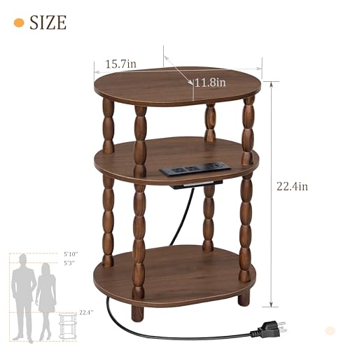 MaxSmeo Small Side Table with Charging Station, 3-Tier Small End Table with USB Ports and Outlets, Modern Oval Night Stand Accent Table for Living Room, Bedroom, Walnut Brown - color: Walnut Brown Charging Station