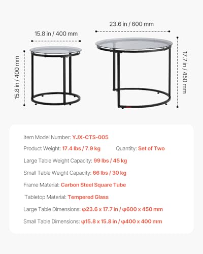 VEVOR Nesting Coffee Table Set of 2, 23.6 in Round Coffee Table, Glass Nesting Tables for Small Place, Modern End Side Tables Night Stand with Metal Frame, for Living Room, Bedroom, Balcony, Office - color: Black