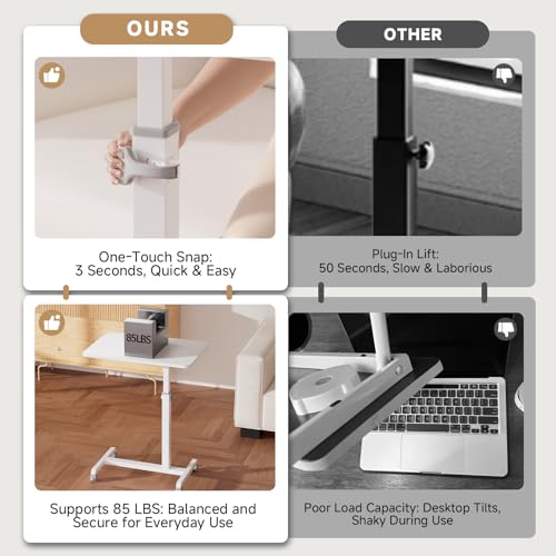 GTPLAYER Small Standing Desk, 24 Inches Foldable Mobile Rolling Laptop PC Table with Lockable Casters, Adjustable Height Overbed Bedside Table Computer Workstation for Home Office, White-Foldable - color: White-foldable
