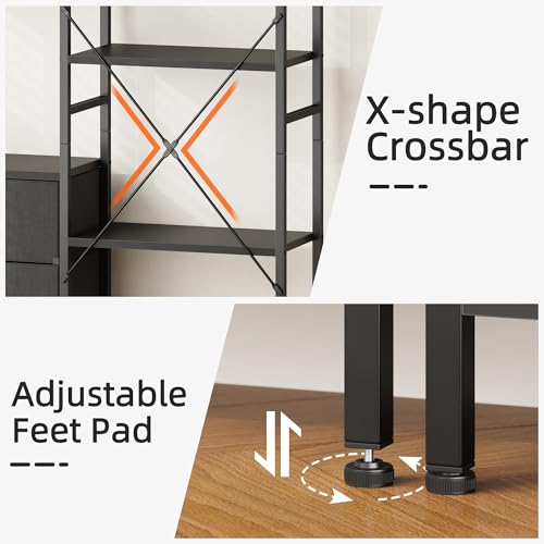 AFLUI Triple Bookshelf with 3 Fabric Drawers, 5-Tier Book Shelf and 10 Display Shelves, Industrial Large Bookcase for Home & Office, Black, 47'' Wide - color: Black, size: 5 Tier(47" W)