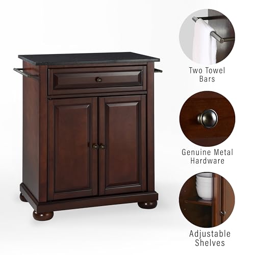 Crosley Furniture Alexandria Granite Top Small Portable Rolling Kitchen Island Storage Cart, Microwave Stand, Mahogany - color: Mahogany, style: Solid Black Granite Top