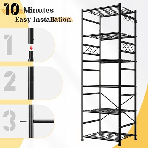 DurayLoly Storage Shelves 6-Tier Metal Shelving Unit with Hooks,Heavy Duty Garage Shelving with Leveling Feet,High Standing Shelf Organizer for Kitchen Pantry Bathroom Dorm,17.7”W×11.8”D ×72.2”H,Black - size: 17.7" W x 11.81" D x 72.2" H (6T)