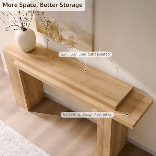 OKD 63" Modern Geometric Console Table with Layered Top, Natural Oak | Extended Layered Top, Sturdy Support Legs, Entryway, Hallway, Foyer, Living room, Behind Sofa - color: Natural Oak