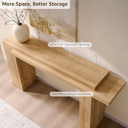 OKD 63" Modern Geometric Console Table with Layered Top, Natural Oak | Extended Layered Top, Sturdy Support Legs, Entryway, Hallway, Foyer, Living room, Behind Sofa - color: Natural Oak