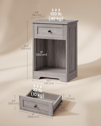 VASAGLE Traditional Basic Nightstand with Charging Station, Wood End Table with 1 Drawer and Open Shelf, 15.7 x 11.8 x 23.2 in, Washed Gray, for Bedroom, Siren Collection ULET828FD01S - color: Washed Gray, size: 2 pack