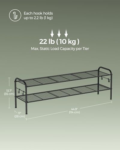 SONGMICS Shoe Rack, 2-Tier Shoe Organizer, Metal Shoe Shelf Storage with 4 Side Hooks, Holds 18 Pairs of Shoes, Height-Adjustable Shoe Rack for Entryway, Hallway, Closet, Ink Black ULMR121B01 - size: 2 Tiers (44.9"W)