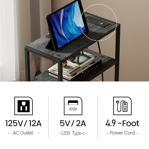 TUTOTAK Keep Phones Charged & Books Organized with Slim 3-Tier Side Table with Charging Station for Living Room Bedroom Charcoal Grey TB01BY095 - color: Charcoal Grey