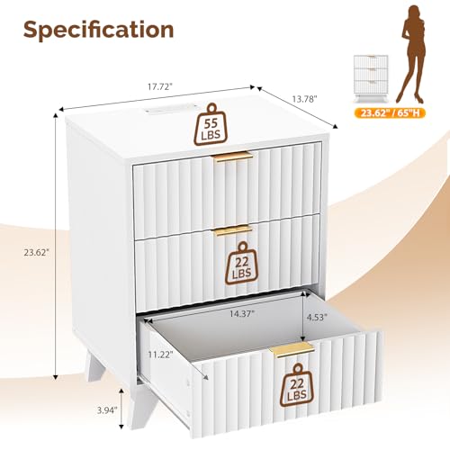 VINGLI Fluted White Nightstand with Charging Station, 3 Drawer White Night Stand Bedside Table with Drawers for Bedroom, Fluted Bedside Table/End Table/Side Table, 17.72" W*13.78" D*23.62" H, 1 pc - color: White, size: 17.7"W-3 Drawer