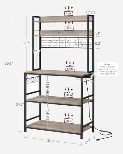 VASAGLE Bakers Rack with Power Outlet, Microwave Stand, Kitchen Tall Utility Storage Shelf, with Metal Wire Panel, 14 Hooks, 15.7 x 31.5 x 66.9 Inches, Heather Greige and Ink Black UKKS025B02 - color: Heather Greige + Ink Black, size: 31.5"W