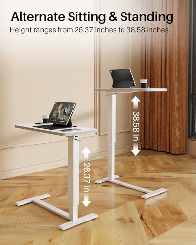 Foldable Overbed Table with Wheels, Pneumatic Adjustable Desk | 31.5 X 17.7 In Desktop with Cup Holders and Tablet Slot, Hidden Casters, 88 Lbs Capacity, Installs on Either Side of Bed - color: White