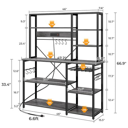SUPERJARE Larger Bakers Rack with Power Outlets, 6-Tier Microwave Stand, Coffee Bar with 12 S-Shaped Hooks, Kitchen Shelf with Wire Basket, 47.2 x 15.5X 66.9 Inches, Grey - color: Charcoal Gray, size: 47.2inch