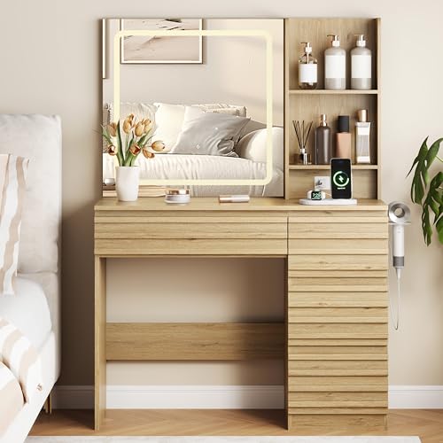 Vanity Desk with Lights, Fluted Vanity with 4 Drawers, Open Shelves, Power Outlet, LED Lighted Mirror, 3 Lighting Modes & Brightness Adjustable, Wood Dressing Table for Bedroom,Natural Oak - color: Natural Oak