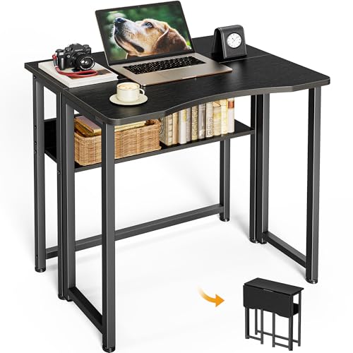 Huuger Folding Desk with Storage Shelf, 23.6 Inch Foldable Computer Table for Small Spaces, Space Saving Sofa Table for Couch, Writing Work Office Computer Desk, Easy to Fold, Black - color: Black, size: 18.5"D x 23.6"W