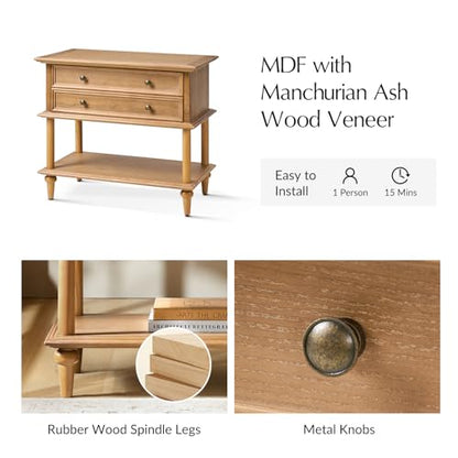HULALA HOME Farmhouse Nightstand Set of 2 with Drawer & Open Shelf, Natural Wood End Table with Solid Wood Legs, 28.4'' Wide Sofa Side Table with Charging Station(Oak) - color: Oak-s2