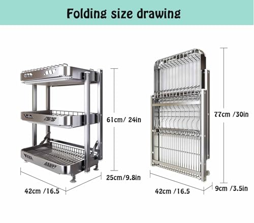 Foldable Dish Rack,Stainless Steel Drain Rack,9.83 * 16.54 * 24IN | 3 Tier Dish Drying Rack,Rustproof Dish Drainer for Kitchen Countertop with Drain Tray,Silver