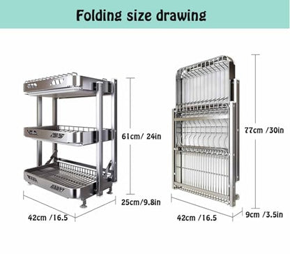 Foldable Dish Rack,Stainless Steel Drain Rack,9.83 * 16.54 * 24IN | 3 Tier Dish Drying Rack,Rustproof Dish Drainer for Kitchen Countertop with Drain Tray,Silver