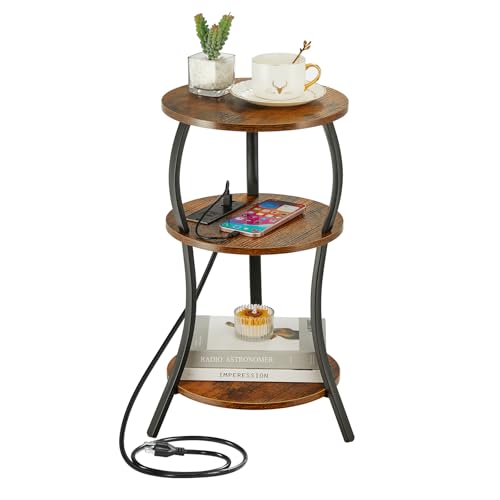 YEAKOO Small Side Table with Charging Station,3-Tier Round end Table | Small Nightstand Sofa Couch Corner Table for Living Room Bedroon Small Spaces, Type C & USB Ports,Rustic Brown - color: Rustic Brown, style: USB Charger