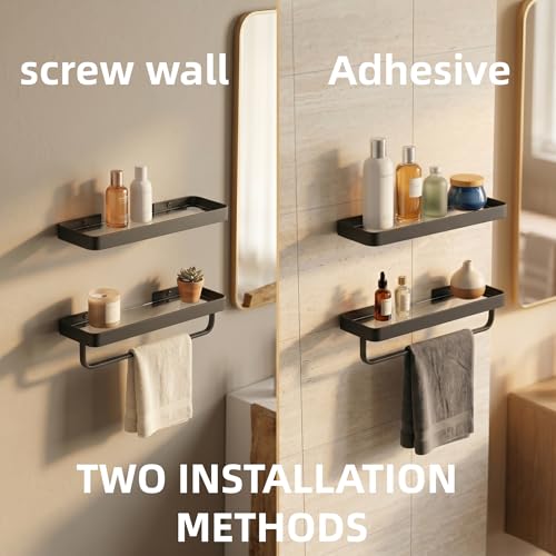 VOLPONE Bathroom Wall Shelf Black Glass Shelves 15.7in Bathroom Shelves with Towel bar Towel Shelf Wall Mounted 2 Tier - style: 2 tier with towel bar-black