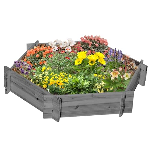Outsunny Wooden Raised Garden Bed, Hexagon Screwless Outdoor Planter Box Plants, Vegetables, Flowers, Herbs, 39" x 36" x 6", Gray - color: Gray, size: 39.25" x 36.25" x 6.25"