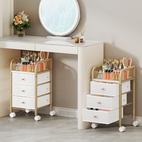 SWTYMIKI Rolling Makeup Organizer Cart - Under Desk Vanity Makeup Storage with 3 Non-woven Drawers, Nail Cart Organizer Cosmetic Display Cases Cabinet for Skin Care Perfume Nail Polish Brush Hair Tool - color: Gold, size: 4-Tier