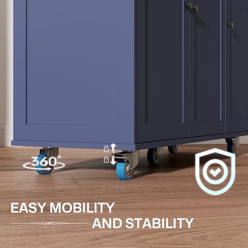 HOMCOM Rolling Kitchen Island with Power Outlet and Drop Leaf, 53" Island Table with Wood Top, 3 Drawers, Adjustable Shelf, Spice & Towel Rack, Kitchen Cart on Wheels, Dark Blue