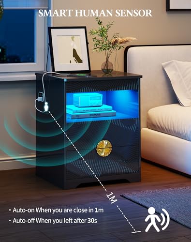 LED Nightstand with Gun Drawer, Modern Bedside Table with 3-Color Lights & Human Sensor, Smart Night Stand with Charger Station, 2 Drawers End Table for Bedroom, Black - color: New-modern Black