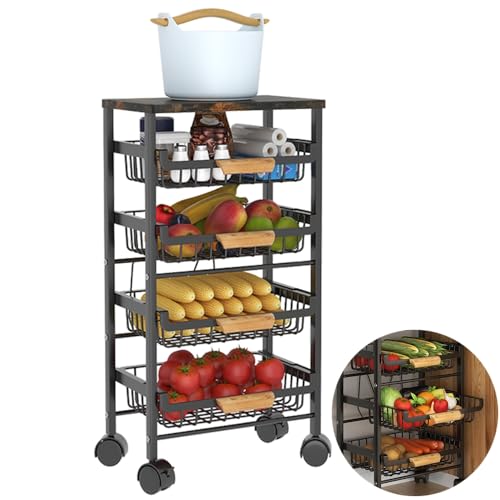 CarolynDesign 5 Tier Metal Wire Basket Cart on Wheels, Stackable Storage Bins for Kitchen, Living Room, Bedroom, Bathroom, Free Stand Vegetable Fruit Racks with Pull Out Drawers