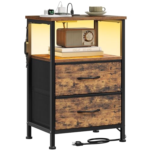 SONGMICS BELLAH Collection - Nightstand with Charging Station and App-Controlled Adjustable LED Lights, Bed Side Table, 2 Drawers and 1 Open Shelf, Industrial, Rustic Brown and Ink Black ULGS302KD01S - color: Rustic Brown + Ink Black, size: 2 Drawers