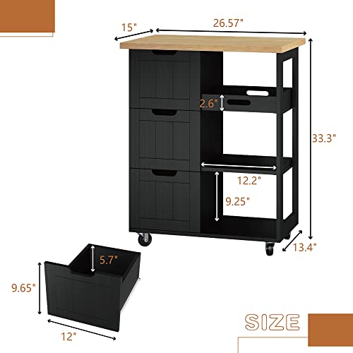 SUNLEI Kitchen Island with Storage Cart Rolling Coffee Small Butcher Block Table Microwave with 3 Drawers on Wheels Station Portable Mobile Narrow Moveable Utility Counter Wood Top Spaces Bar Food - size: 26.6 INCH, style: Black