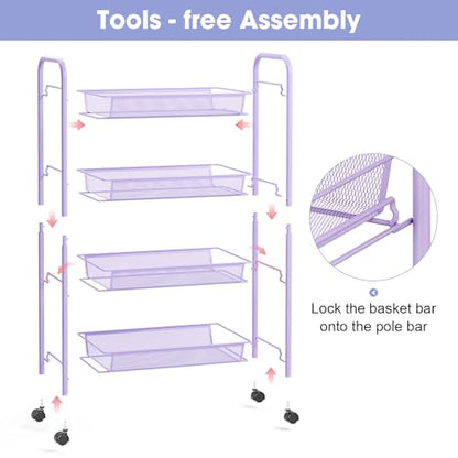 TOOLF 4-Tier Rolling Cart, Metal Utility Cart with 3 Hooks, Easy Assemble Mobile Storage Trolley On Wheels, Metal Shelving Units Kitchen Bathroom Laundry Room - color: Purple, size: 4-Tier
