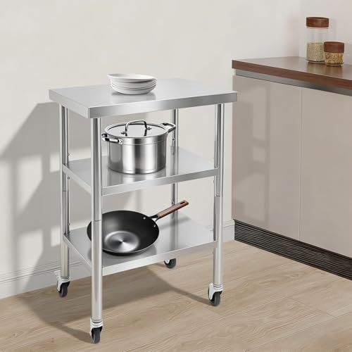 24"x18"x35" 3-Tier Industrial Workstation, Heavy Duty Stainless Steel Table with Adjustable Shelves, 425 lbs Top Load, 4 Swivel Casters and Leveling Feet for Home or Commercial Use - size: 24 X 18 X 35 Inches