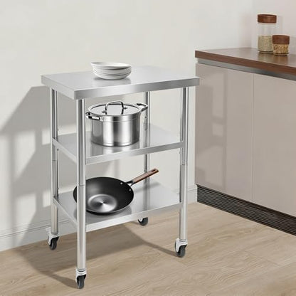 24"x18"x35" 3-Tier Industrial Workstation, Heavy Duty Stainless Steel Table with Adjustable Shelves, 425 lbs Top Load, 4 Swivel Casters and Leveling Feet for Home or Commercial Use - size: 24 X 18 X 35 Inches