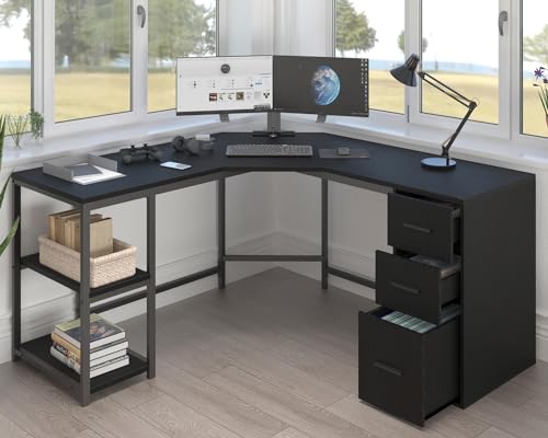 LVB Black L-Shaped Desk with File Drawers Cabinet, Reversible Corner Executive Computer Desk with Storage Shelves, Modern Large Work Study Writing Gaming L Shape Desk for Home Office Bedroom, 60 Inch - color: Black Oak