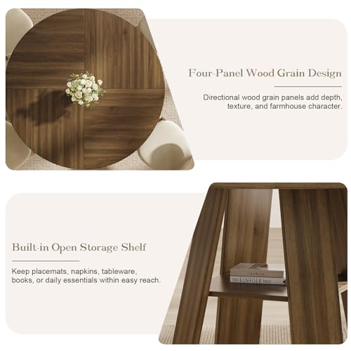 47.2" Round Dining Table for 4-6, Circle Kitchen Table with Open Storage Shelf, Farmhouse Dinner Table with Cross Pedestal Base for Dining Room, Kitchen, Living Room, Walnut - color: Walnut