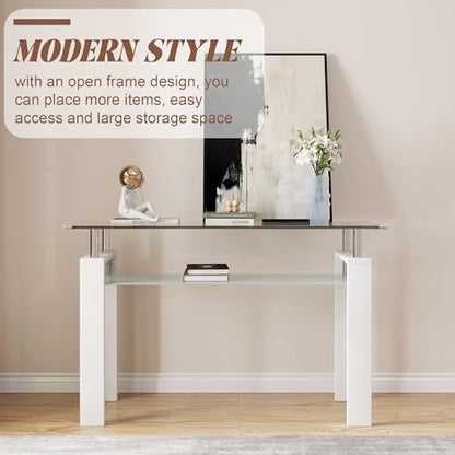 47" 2-Tier Console Table with Tempered Glass Top and MDF Frame, Modern White Rectangular Glass Entryway Table for Living Room, Apartment, Office, Easy to Assemble - color: White, size: Console Table