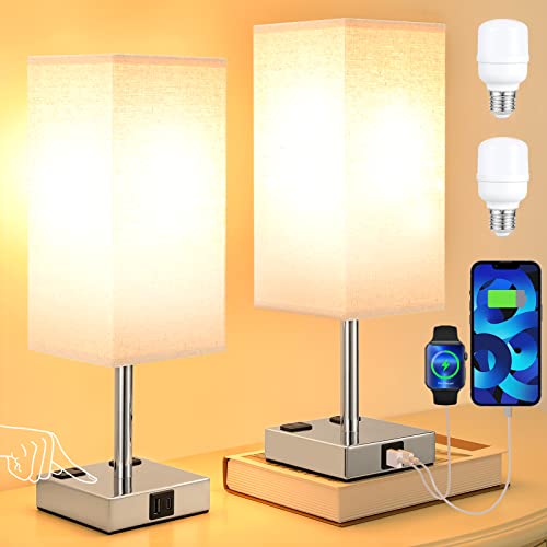 Beige Touch Lamps Set of 2 for Bedroom - Dimmable, USB C+A, 2 AC Outlets | 3-Way Dimming, 3000K LED Bulbs Included, Square Beige Lampshade Silver Base, Small Bedside Lamp for Nightstand, Desk, Dorm - color: Beige-Silver