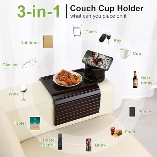 Couch Cup Holder Tray - 3 in 1 Couch Arm Table with 360° Rotating Phone Holder, Foldable Sofa Arm Tray for Drink Table, Snacks Table,Hold Cellphone Remote or Books - color: Walnut