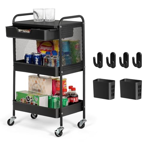 3-Tier Rolling Cart with Drawer, Metal Utility Storage Cart Organizer with Lockable Wheels&Hanging Cups&Hooks, Mobile Storage Craft Carts Trolley with Mesh Shelves for Kitchen, Office-Black - color: Black