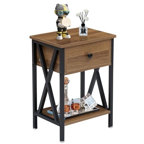 VECELO Nightstand,Modern Bedside End Table, Night Stand with Drawer and Storage Shelf for Living Room Bedroom, Industrial Metal Frame - color: Walnut Brown, size: Set of 1