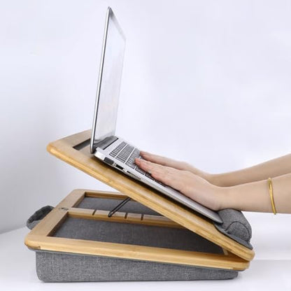 Adjustable Lap Desk for Laptop with Cushion, Bamboo Laptop Stand with Anti-Slip Strip Tablet Phone Holder, Fits up to 15.6 inch or 14 inch with Mouse Space - size: 16.5"x13.4" Height-adjustable