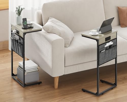C Shaped End Table with Charging Station, 28" Tall Couch Side Table, Sofa Table Beside Table, Slide Under Sofa Arm C Table for Small Spaces, TV Tray Table for Living Room, Bedroom, Gray - color: Grey