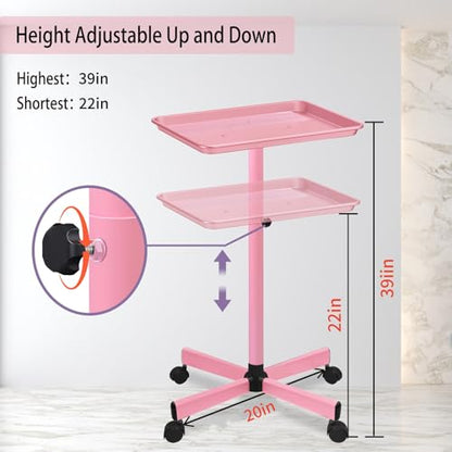 Salon Tray on Wheels, Metal, Salon Rolling Tray Height Adjustable Used As Color Tray, Hair Stylist Tray,Tattoo Tray and Dental Tray(Pink) - color: Pink